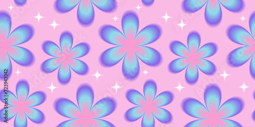 Seamless pattern with y2k gradient flowers and stars. Retro vintage illustration for textile, paper, fabric, background, wallpaper, print design. Vector