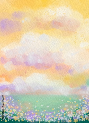 Landscape colorful flowers in field under beautiful clouds, Watercolor landscape with paper texture.