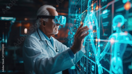 In the world of medicine, a doctor uses virtual reality technology to explore a holographic 3D anatomy hospital, enhancing their knowledge and skills. photo