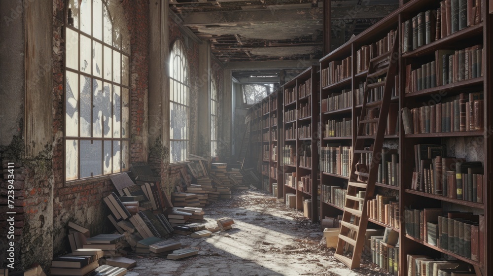 ruin old library, shelves of dusty medical books ruin old library, shelves of dusty medical books