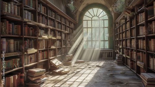 ruin old library, shelves of dusty medical books