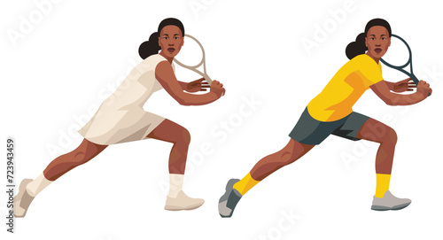 South African women's tennis player in yellow sportswear and white dress who receive the ball holding the racket with two hands