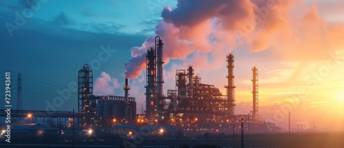 Colossal plant, factory, facility, or logistics center during dusk or twilight, with the evening sky providing a backdrop to the industrial setting