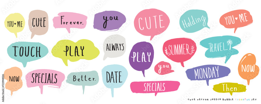 Obraz premium Cute vector speech bubble colorful set,Hand drawn set of speech bubbles with handwritten for book ,card, business, poster design. Vector illustration design for fashion fabrics, textile graphics