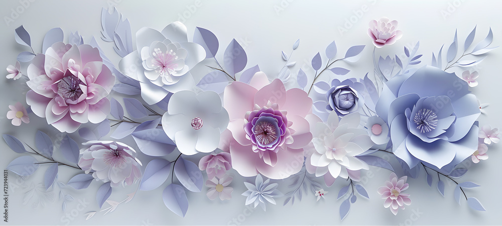 Paper shaped flower bouquet top view isolated on pastel background. Spring card woman's day, 8 march, Easter, mother's day, birthday card, anniversary