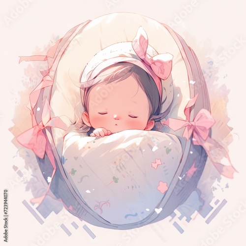Illustration of a newborn baby sleeping peacefully on a floral patterned pillow, surrounded by soft pastel shades. Concept: baby care, birth card