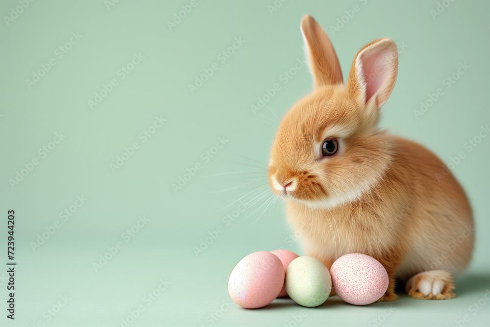 Fototapeta premium Easter bunny with eggs and blank text space