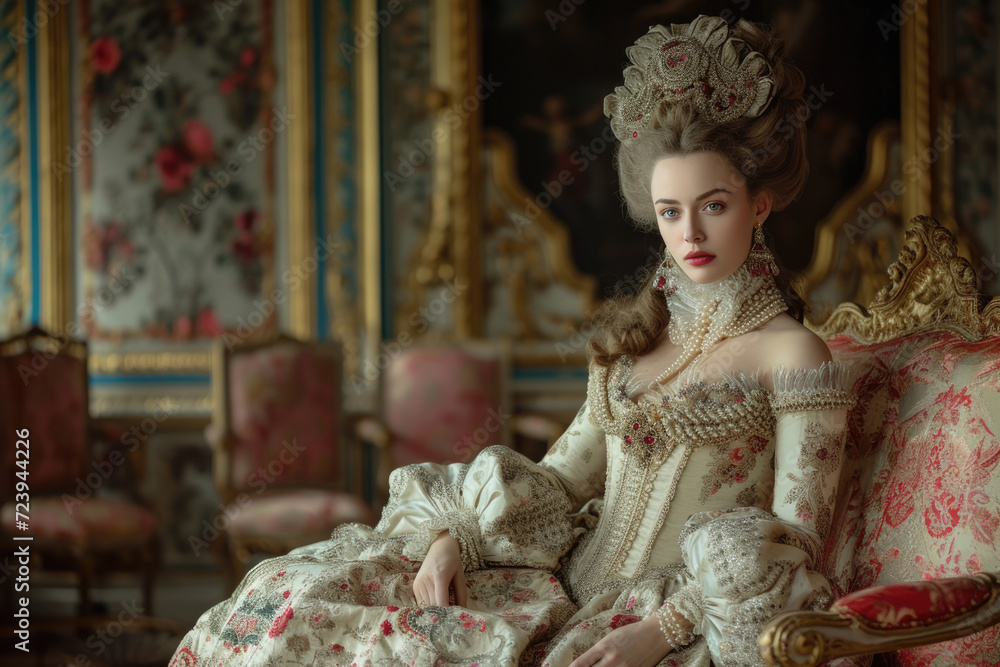 A vision of Rococo royalty from 18th-century France, adorned in traditional attire