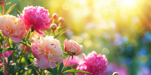 Beautiful colorful peonies blossoming in a garden on sunny spring day.