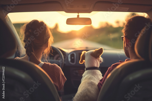 Couple of travelers and their dog going on a trip by a car. Adventurous young people with a pet. Hiking and trekking on a nature trail.