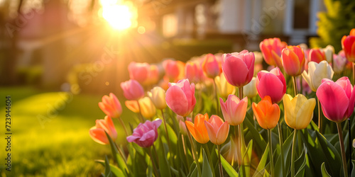 Beautiful colorful tulips blossoming in front of a big house.