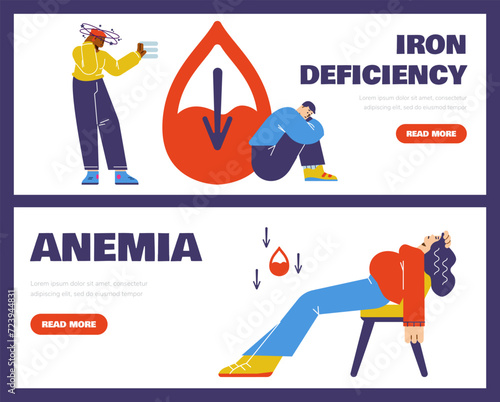Iron deficiency anemia diagnosis symptom medical cartoon vector landing page set, sick people feels unwell, dizziness