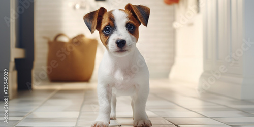 Beautiful white face  Brown ears puppy dog sitting  gray  wooden floor home white background.