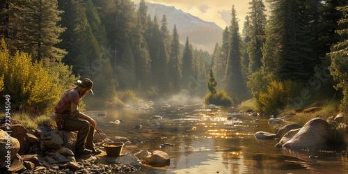 rugged prospector panning for gold in a serene, sunlit riverbed, surrounded by dense forest, detailed textures of water, trees, and rocks, vibrant natural lighting, and a panoramic view