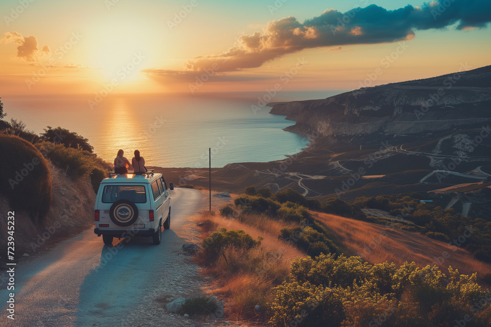 Couple of friends enjoying scenic Mediterranean view from a road side parked minivan. Travelling in camper van. Planning a road trip adventure. - obrazy, fototapety, plakaty 