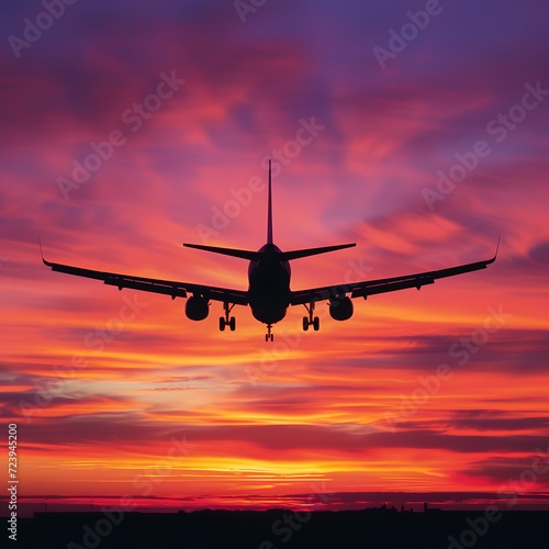 airplane in the sunset, silhouette of a commercial airplane takes center stage against a vivid sunset sky. The warm hues of orange, pink, and purple create a mesmerizing backdrop