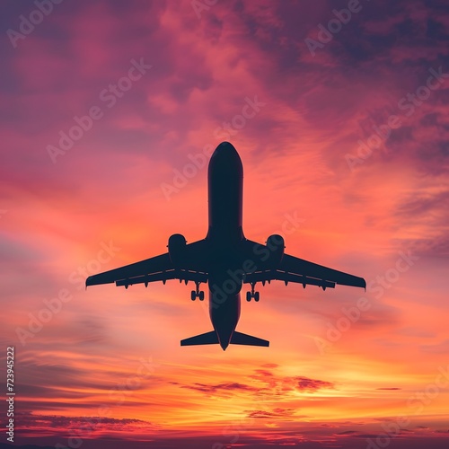 airplane in the sunset  silhouette of a commercial airplane takes center stage against a vivid sunset sky. The warm hues of orange  pink  and purple create a mesmerizing backdrop