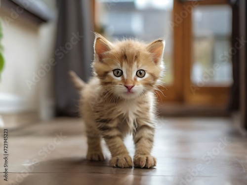 cute fluffy kitten standing in the living room ,A small kitten sits on the floor in the room