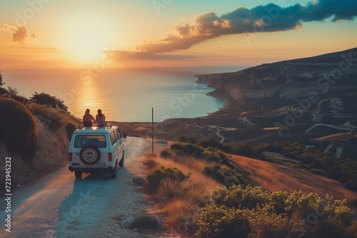 Photographie Couple of friends enjoying scenic Mediterranean view from a road side parked minivan