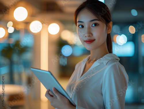 personal assistant wearing smart casual attire  holding a digital tablet  standing against the backdrop of a stylish  minimalist office interior  soft  ambient lighting enhancing the mood