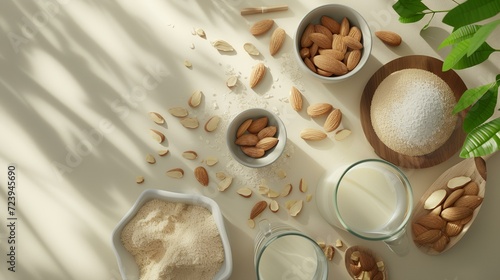 Almond milk and ingredients on a white background. 3d rendering.