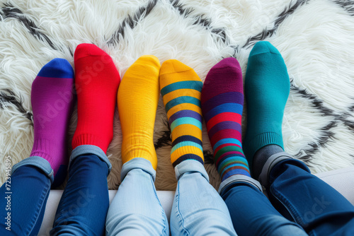 A group of people wearing multi-colored mismatched socks. Odd socks day, anti-bullying week social concept. Down syndrome awareness day. photo