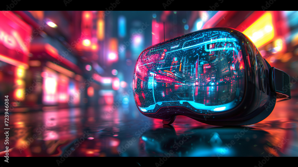 Portrait of amazed young woman in a VR headset explores the metaverse's virtual space. Gaming and futuristic entertainment concept, Man uses metaverse technology in an industrial setting. Neon Portrait of amazed young woman in a VR headset explores the metaverse's virtual space. Gaming and futuristic entertainment concept, Man uses metaverse technology in an industrial setting. Neon