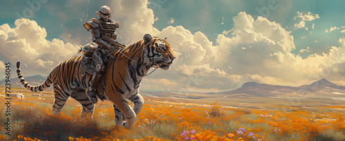 Une illustration futuriste d'un robot assis sur un tigre, dans la nature, image avec espace pour texte.