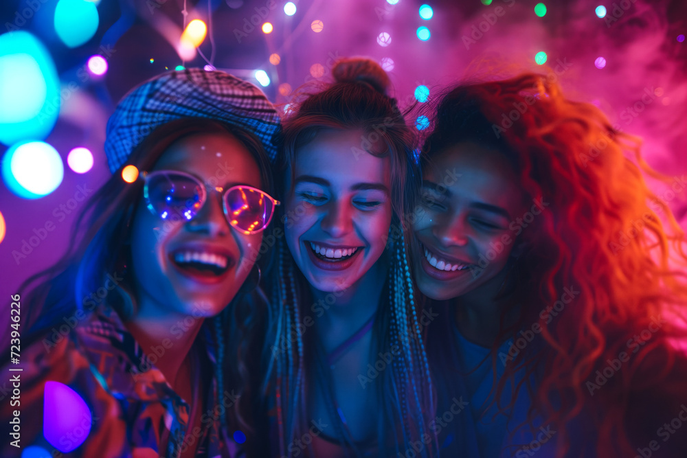 Cheerful young friends having fun at colorful rave party. Happy women enjoying themselves and dancing. Group of people at music concert. Cheerful young friends having fun at colorful rave party. Happy women enjoying themselves and dancing. Group of people at music concert.