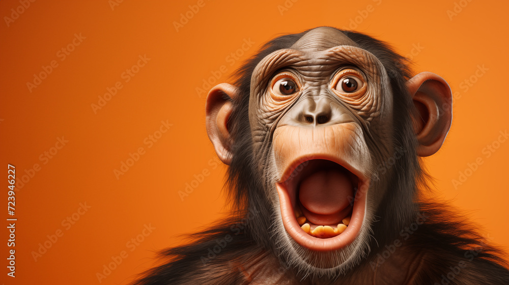 Le portrait d'un chimpanzé étonné sur fond orange, image avec espace pour texte.