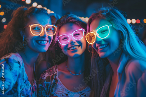 Cheerful young friends having fun at colorful rave party. Happy women enjoying themselves and dancing. Group of people at music concert.