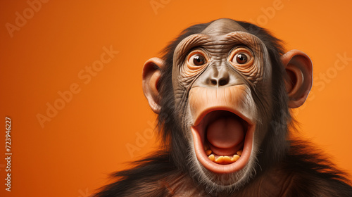 Le portrait d'un chimpanzé étonné sur fond orange, image avec espace pour texte. © David Giraud