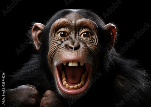 Le portrait d'un jeune chimpanzé souriant sur fond noir © David Giraud