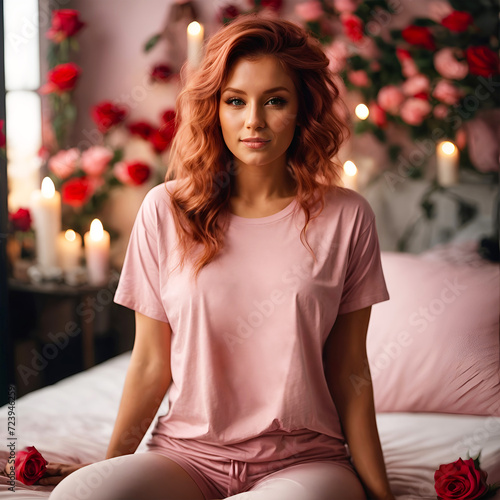 Valentines Day Pink T-Shirt Mockup Template with a Beautiful Young Redhead Woman Posing in a Romantic Bedroom with Rose Flower and Candle. Trendy Photo for Online Shops, Portfolios, Social Media © articular