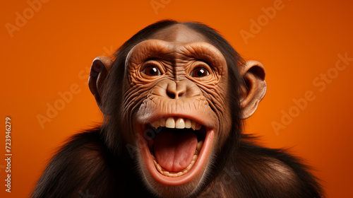Le portrait d'un jeune chimpanzé souriant sur fond orange © David Giraud