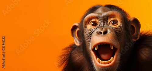 Le portrait d'un jeune chimpanzé souriant sur fond orange, image avec espace pour texte. © David Giraud