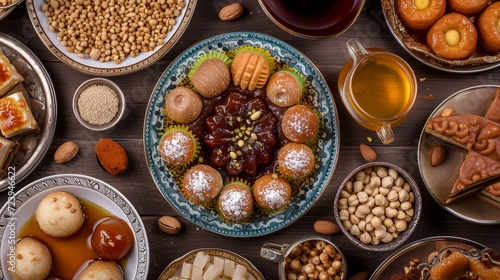 Traditional oriental sweets and tea on a wooden background. Top view.