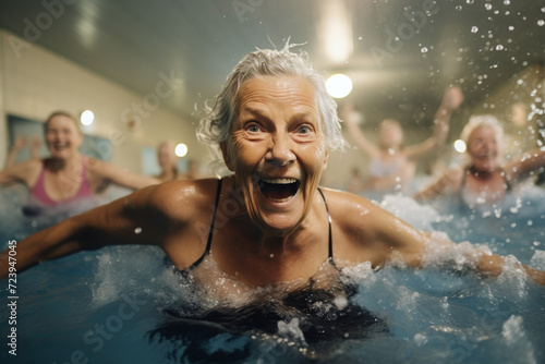 aquatics training in old age, gym, swimming instructor, aerobic exercise photo