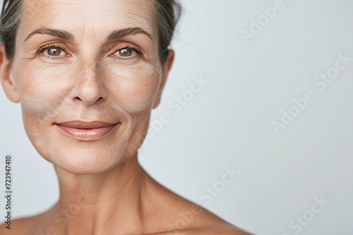  Skincare commercial model age more than 40  extremely realistic skin detail  upper body  mild smile  white skin