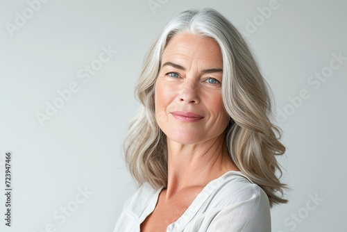  Skincare commercial model age more than 40, extremely realistic skin detail, upper body, mild smile, white skin