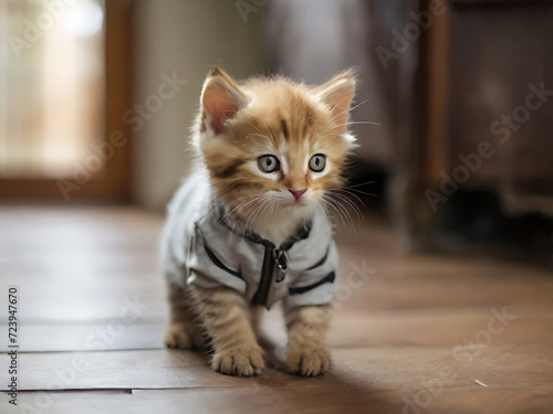 cute fluffy kitten standing in the living room ,A small kitten sits on the floor in the room