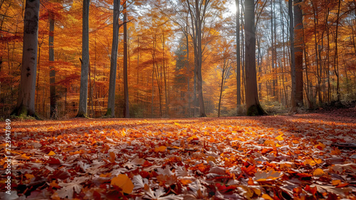 Deciduous forest in autumn, the foliage in a spectrum of reds, oranges, and yellows, dappled sunlight adding warmth.