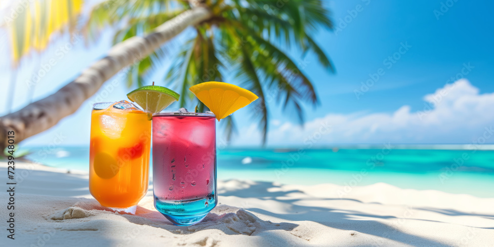 Fresh colorful exotic fruit cocktails on a backdrop of tropical beach. Banner with copy space, alcoholic beverages on palm trees and ocean background. Fresh colorful exotic fruit cocktails on a backdrop of tropical beach. Banner with copy space, alcoholic beverages on palm trees and ocean background.