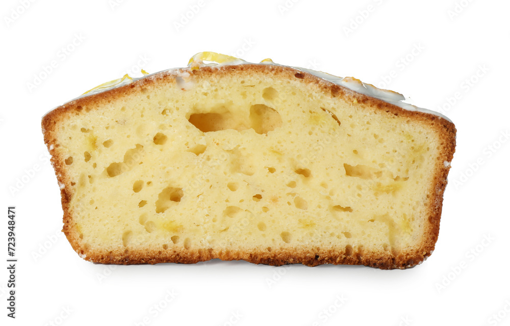 Piece of tasty lemon cake with glaze isolated on white Piece of tasty lemon cake with glaze isolated on white