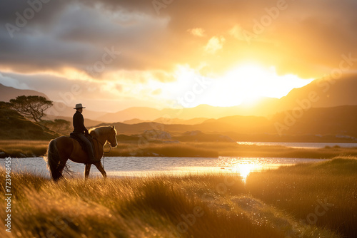 Person riding a horse in beautiful Irish landscape on dramatic sunset. Man admiring scenic view while on horseback riding tour in Connemara, on the west coast of Ireland. photo