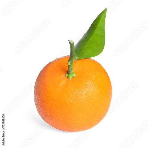 Fresh ripe juicy tangerine with green leaf isolated on white