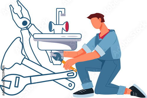 Plumber installs or repairs plumbing fixtures for website or emblem logo design. Plumbing and house renovation service.