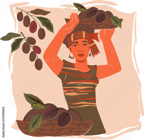 Decorative element or banner with woman carrying harvest of coffee in basket. Woman holding coffee beans.