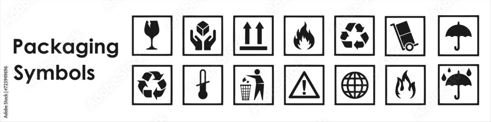 Common packaging warning symbols. Falt packaging icons. Common packaging warning symbols. Falt packaging icons.