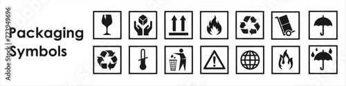 Common packaging warning symbols. Falt packaging icons.